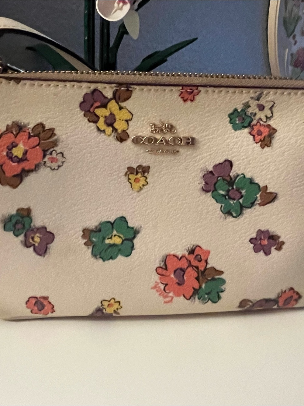 COACH Cream Floral Zip Pouch with Multicolor Flowers